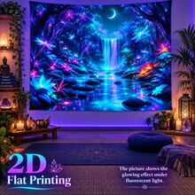 2D Flat Pattern, Single Piece, Forest Waterfall Tapestry, Dreamy Forest Waterfall, Dragonfly, Crescent Moon, Stream, Glowing Flower Pattern, Glows Under Fluorescent Light, Wall Decor, Hanging Fabric, Bedroom Backdrop, Party Decoration - Multicolor - View 7