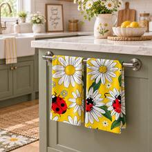 2pcs Yellow Daisy & Ladybug Print Kitchen Towels, Cute Red & Black Ladybug With White Flower And Green Leaf Pattern Hand Towels, Fresh Spring/Summer Pastoral Style Absorbent Dish Cloths Tea Towels, Suitable For Kitchen Cooking, Baking, Cleaning Wiping And Home Decor, Floral & Insect Theme Holiday Gift - Multicolor - View 5