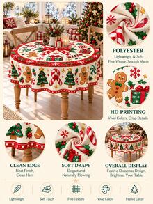 1pc-Retro Gingerbread Man Christmas Table Cover, Red Green Cream Holiday Tablecloth With Candy Cane & Christmas Tree Print, Winter Xmas Dining Room Tabletop Decoration, Lovely Festive Table Linen For Holiday Celebration - Multicolor - View 5