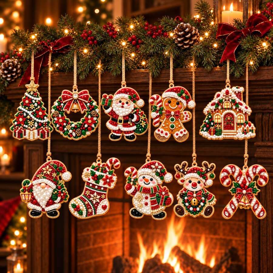 10pcs Christmas Diamond Painting Hanging Ornaments Set - Pearl Rhinestone DIY Diamond Art Hanging Decor, With Santa Claus, Snowman, Reindeer, Gingerbread Man Patterns, Suitable For Christmas Tree, Fireplace Decoration, Holiday Home Party Scenes, Perfect Handmade Creative Gift For Adults - View 1