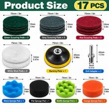 17pcs Car Cleaning & Polishing Set, 3-Inch (75mm) Scouring Pad, Wool Pad, Wavy & Flat Sponge Pads, Hook & Loop Backing And Drill Adapter, Suitable For Waxing, Polishing, Scratch Removal, Applicable To Car Paint, Wheels, Glass, Metal And Various Surfaces - 17pcs - View 2