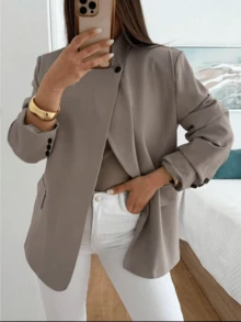 Women's Spring Autumn Winter Blazer, Elegant Commute Vintage Stand Collar Asymmetric Front Closure Minimalist Solid Color Loose Fit Jacket, Suitable For Daily Outings, Business, Workplace, Office Wear - Brown - View 1