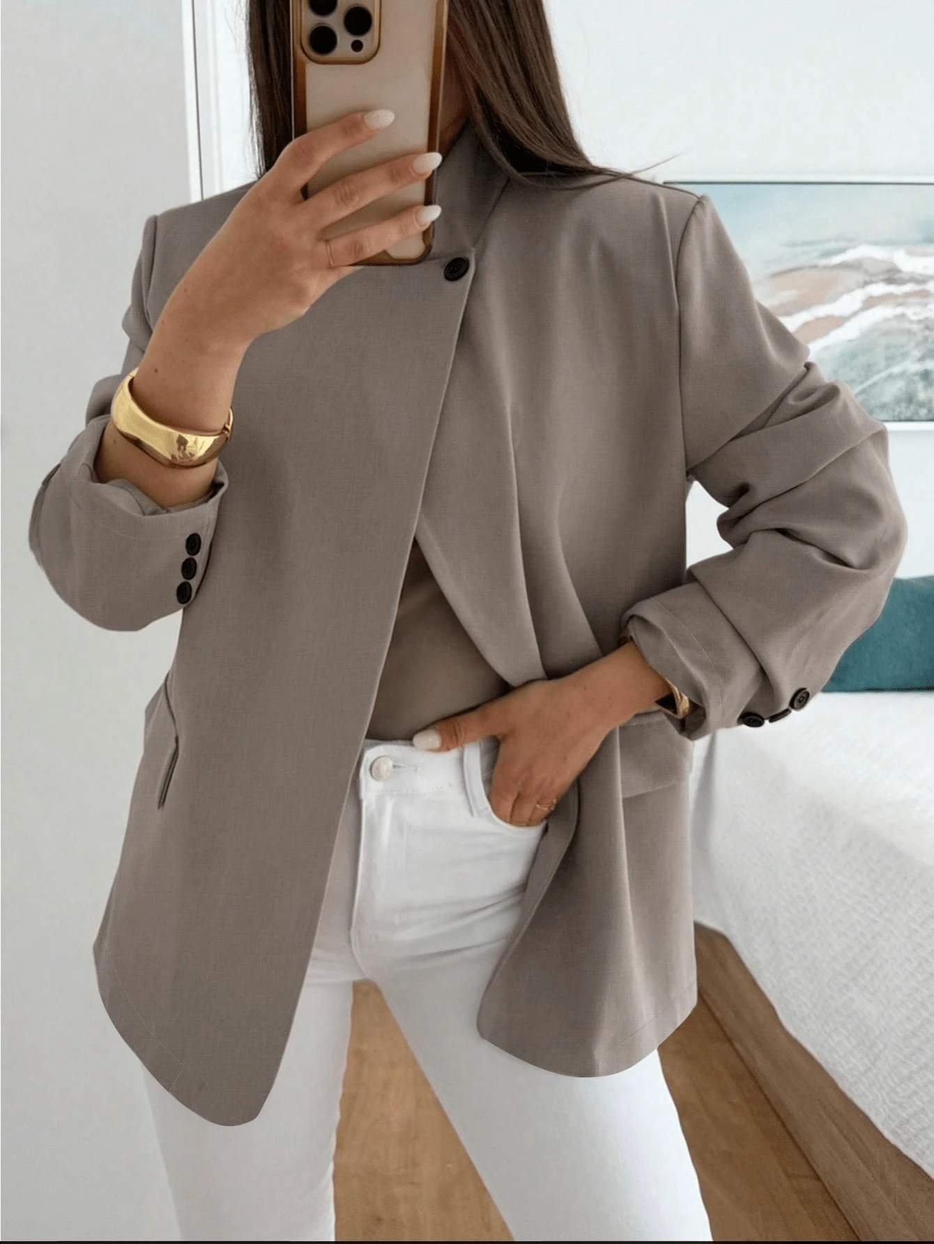 Women's Spring Autumn Winter Blazer, Elegant Commute Vintage Stand Collar Asymmetric Front Closure Minimalist Solid Color Loose Fit Jacket, Suitable For Daily Outings, Business, Workplace, Office Wear - Brown - View 1