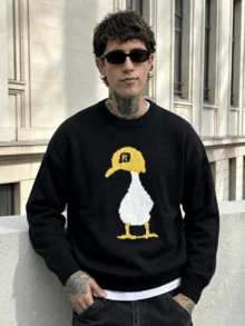 Oversized Retro Street Style Unisex Casual Knitted Sweater, Loose Fit Dropped Shoulder Design, Simple Duck Jacquard Pattern, Round Neck, Warm For Autumn And Winter, Long Sleeve Top - Black - View 2