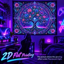 2D Flat Pattern, Single "Tree Of Life" Tapestry, Featuring Vibrant Mandala Design With Floral And Scroll Patterns. It Glows Under Fluorescent Light, Suitable For Wall Decoration, Bedroom Background Decor And Party Decoration. - Multicolor - View 7