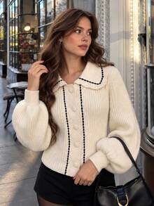 Elegant Preppy Style Women's French Vintage Colorblock Trim Sweet Peter Pan Collar Front Button Long Sleeve Knit Cardigan Sweater Autumn - Apricot - View 2