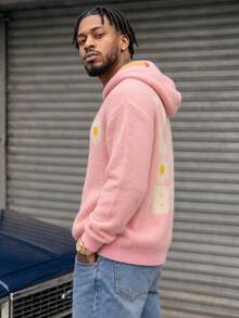 BLACKTOEXIT Men's Loose Casual College Floral Hooded Knit Sweater, Autumn/Winter - Pink - View 3