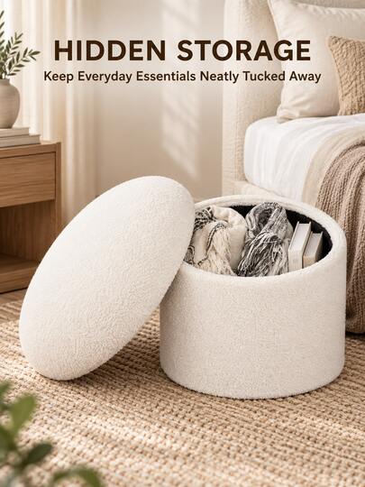 1-Piece Cream Bouclé Mushroom-Shaped Storage Ottoman, Collapsible Upholstered Footrest With Removable Lid And Hidden Storage, Modern Accent Stool For Living Room, Bedroom, Dorm And Apartment