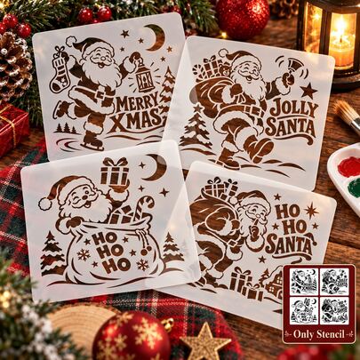 Bộ 4 khuôn vẽ stencil Giáng Sinh hình ông già Noel, khuôn vẽ vẽ lại được với họa tiết túi quà, mặt trăng và cây thông Noel, nhựa, thiết kế ông già Noel dễ thương tinh nghịch, mẫu vẽ cho thủ công DIY, tường, vải, canvas, làm thiệp scrapbook, phụ kiện trang trí nhà Giáng Sinh