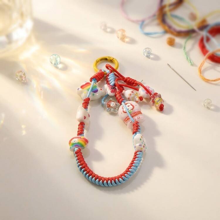 1pc Y2K Style Colorful Beads Zinc Alloy Phone Wrist Strap, Mixed Pendant Keychain, School Backpack Charm - Multicolor - View 1
