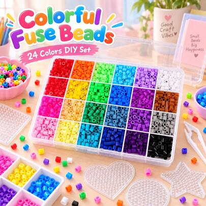 Juego de 24 colores de cuentas Perler de 5mm con múltiples plantillas de estilo, adecuado para decoración de arte de píxeles DIY hecho a mano, suministros de manualidades creativas