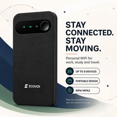 Lightweight Pocket‑Size ECOVOX Mobile WiFi‑6 Hotspot Router. Portable On‑The‑Go Wireless Internet Device, Connects Up To 9 Devices, Great For Travel, Campus Study, Business Trips And Remote Work.