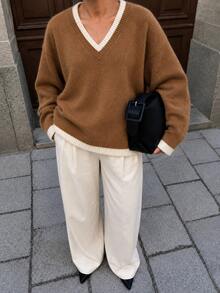 Sweater Rajut Wanita Ukuran Besar Warna Cokelat Vintage, Leher V Lengan Panjang, Sempurna untuk Musim Gugur/Musim Dingin - Coklat - View 8
