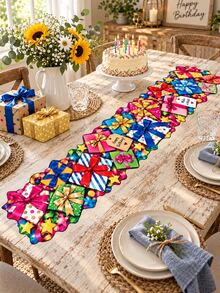 1pc Colorful Gift Birthday Table Runner, Present Box Bow Ribbon Star Print Long Table Decor, Irregular Edge Party Table Cover For Birthday Celebration, Dining Table, Party Supplies, Home Decor - Multicolor - View 2