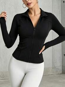 Women's Fashion Solid Color Zipper Mock Neck Long Sleeve Yoga Casual Sports Knit Jacket - Black - View 5