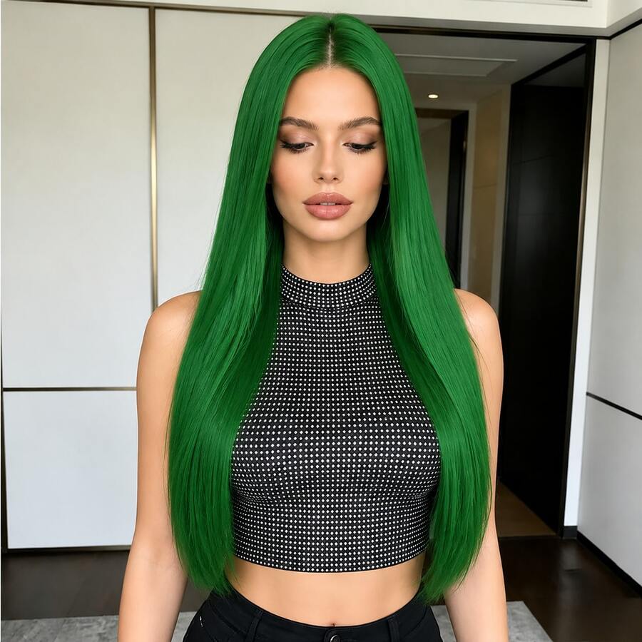 Green 28 Inch Straight Hair Wig For Women, Middle Part No Bangs, Fashionable & Elegant, Soft & Smooth, Suitable For Daily Wear, Halloween Costume, Fits All Women - Green - View 1
