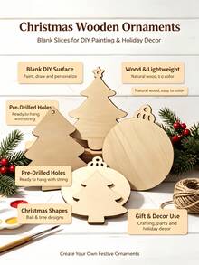 1 Set (50pcs) Blank Christmas Wooden Ornaments Unfinished Wood Slices For DIY Painting, Xmas Tree Hanging Decor & Gift Tag Crafts - A - View 3