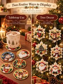 6pcs Christmas Bling Rhinestone Coaster 1 Piece, Santa Snowman Reindeer 2-In-1 Table Coaster & Tree Hanging Ornament, Fall Table Decor, Great Thanksgiving Christmas Holiday Gift, Sparkly Home Table Accessory - Multicolor - View 1