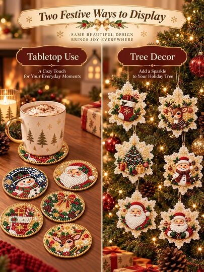 6pcs Christmas Bling Rhinestone Coaster 1 Piece, Santa Snowman Reindeer 2-In-1 Table Coaster & Tree Hanging Ornament, Fall Table Decor, Great Thanksgiving Christmas Holiday Gift, Sparkly Home Table Accessory
