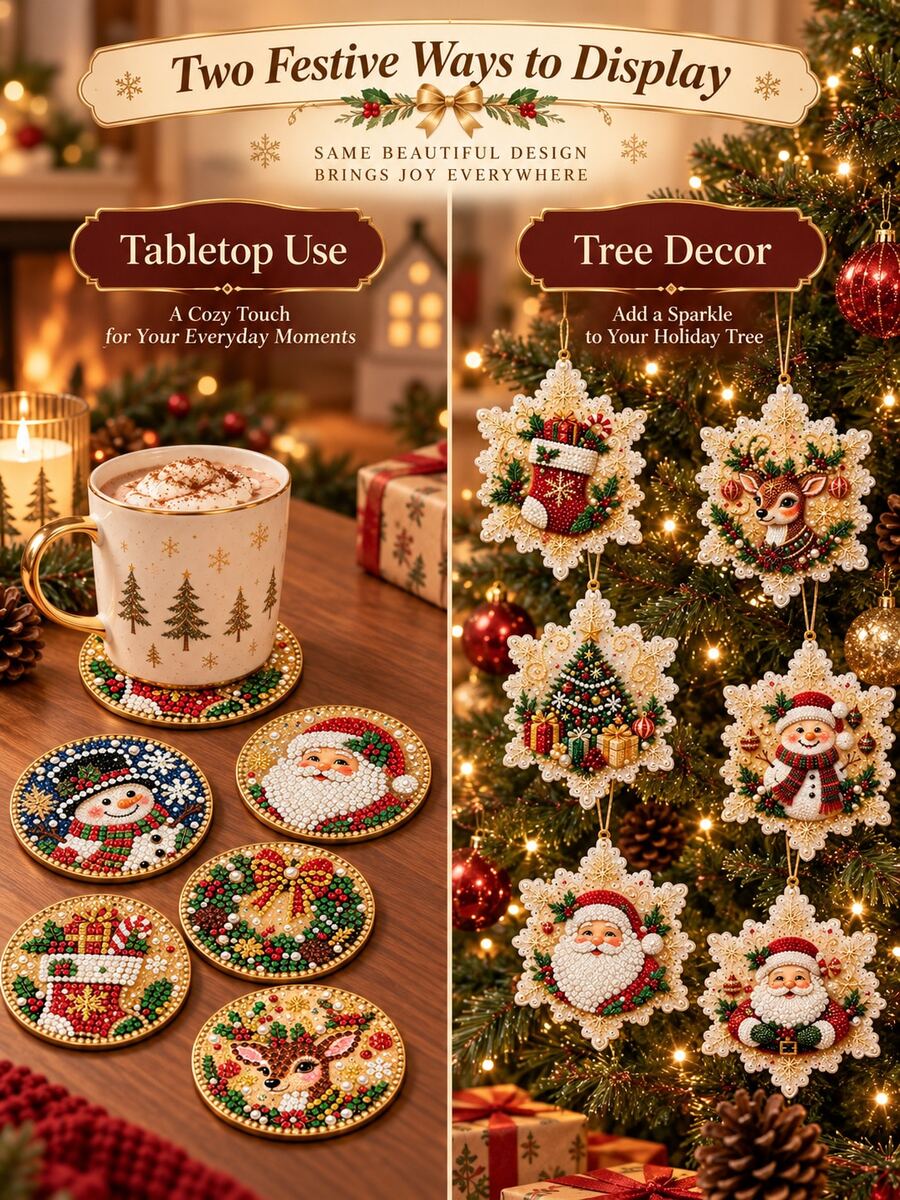 6pcs Christmas Bling Rhinestone Coaster 1 Piece, Santa Snowman Reindeer 2-In-1 Table Coaster & Tree Hanging Ornament, Fall Table Decor, Great Thanksgiving Christmas Holiday Gift, Sparkly Home Table Accessory - Multicolor - View 1