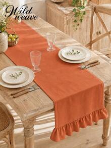 1pc Table Runner, Washed Wrinkled, Simple Pastoral Style. Polyester Material Rectangular Tablecloth With Scalloped Edge, Suitable For Dining Room, Public Holidays And Daily Decoration. - Coral Orange - View 5