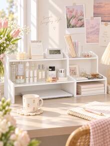 Estantería de almacenamiento de doble capa estilo coreano, organizador de escritorio, estantería de almacenamiento para cosméticos, papelería y libros de dormitorio y oficina, estantería de almacenamiento para perfumes, aperitivos y suministros de baño, estantería decorativa de almacenamiento para el hogar - Blanco - Ver 4