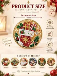 6pcs Christmas Bling Rhinestone Coaster 1 Piece, Santa Snowman Reindeer 2-In-1 Table Coaster & Tree Hanging Ornament, Fall Table Decor, Great Thanksgiving Christmas Holiday Gift, Sparkly Home Table Accessory - Multicolor - View 8