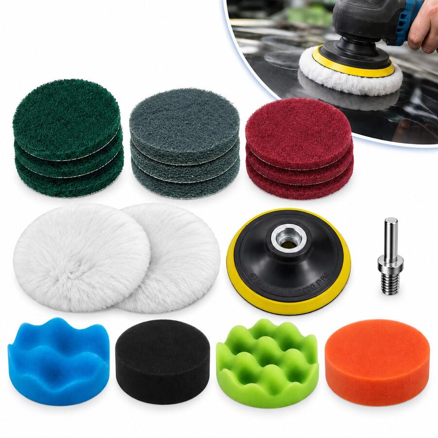 17pcs Car Cleaning & Polishing Set, 3-Inch (75mm) Scouring Pad, Wool Pad, Wavy & Flat Sponge Pads, Hook & Loop Backing And Drill Adapter, Suitable For Waxing, Polishing, Scratch Removal, Applicable To Car Paint, Wheels, Glass, Metal And Various Surfaces - 17pcs - View 1