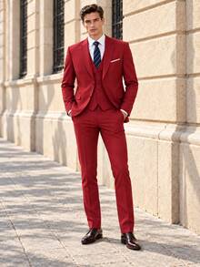 Men's 3 Pieces Suit Set, Blazer Vest And Pants, Slim Fit Formal Suit For Wedding Business Part - Burgundy - View 1