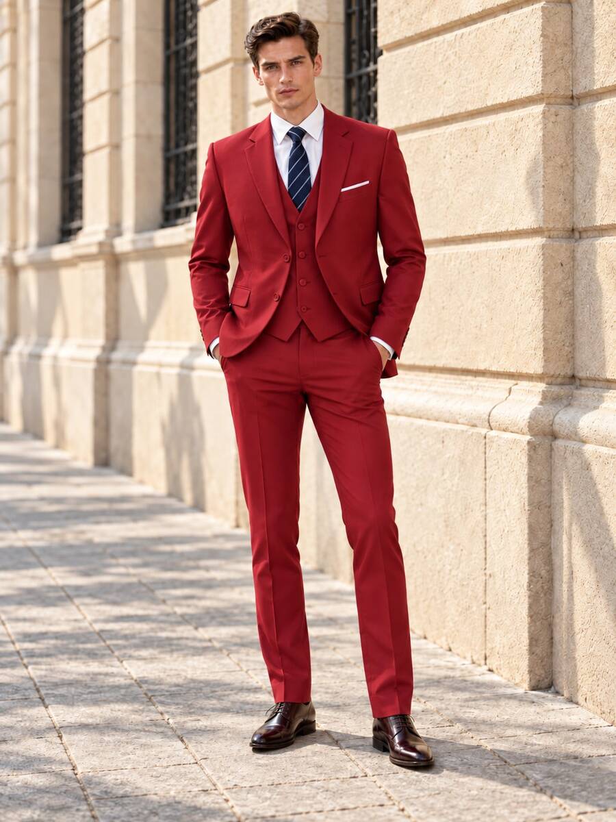 Men's 3 Pieces Suit Set, Blazer Vest And Pants, Slim Fit Formal Suit For Wedding Business Part - Burgundy - View 1