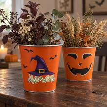 2pcs Halloween Metal Planters - Spooky Witch Hat & Bat Indoor Plant Containers, Autumn Home Decor Tin Bucket Storage Bins - 2PC - View 1