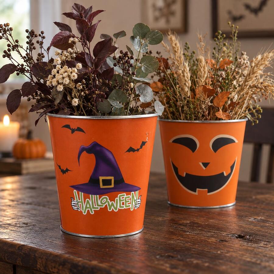 2pcs Halloween Metal Planters - Spooky Witch Hat & Bat Indoor Plant Containers, Autumn Home Decor Tin Bucket Storage Bins - 2PC - View 1