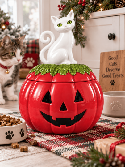 1Pc Whimsical Pumpkin Shaped Storage Jar With 3D Cat Figurine Lid, Decorative Container For Candy Small Gifts, Tabletop Ornament For Halloween Christmas Home Decor