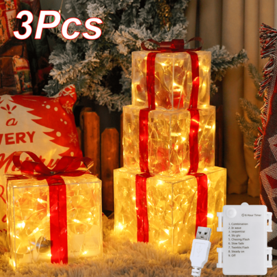 Set 3 Kotak Hadiah Natal, Kotak Hadiah Natal Transparan dengan Pita Merah, Mode Daya Ganda USB/Baterai, Untuk Pohon Natal, Halaman, Teras, Hadiah, Ulang Tahun, Dekorasi Natal di Rumah dan Luar Ruangan