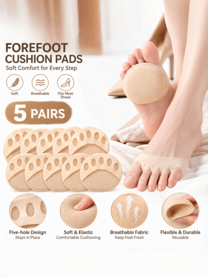 QKC 5 Pairs Front Foot Cushion Pads, Soft Breathable Fabric Front Foot Lining, Flexible 5-Hole Design Insoles, Suitable For High Heels, Flats And Sandals