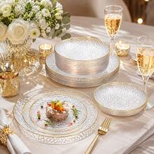 10/25/50pcs Transparent Hammered Gold Rim Dinner Plate Set, Includes 7.5 Inch/10.25 Inch Plates, Suitable For Serving Food, Fruit, Snacks, Desserts And Salads, Also Can Be Used As Cheese And Candy Trays. Multi-Purpose Tableware, Suitable For Parties, Weddings, Birthdays, Picnics, Halloween, Christmas And Other Holiday Occasions, Easy To Clean, Suitable For Elegant Table Setting At Home And Events. - Transparent - View 8