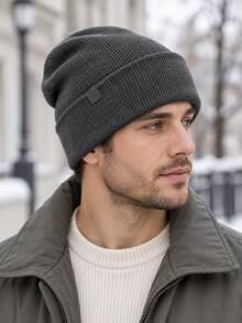 Men's Solid Color Rib Knit Beanie Hat, Slouchy Cuffed Winter Warm Hat, Soft Stretch Skull Cap For Casual Outdoor Wear - Knitted Hat - View 2