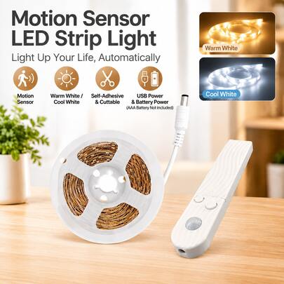 Motion Sensor LED Strip Lights, Warm White / Cool White Optional, Self-Adhesive Cuttable, USB & AAA Battery Powered(Batteries Not Included), Under Cabinet Closet Bedside Night Light