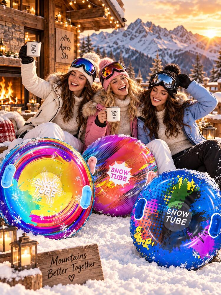 1pc 84cm Colorful Printed Inflatable Snow Tube, Rainbow Snowflake/Graffiti/Splatter Pattern Round Snow Sled, With Dual Handles, Winter Outdoor Snow Sled, Suitable For Snow Play, Ski Resort, Winter Party And Christmas Gift, Holiday Essential, Fitness Equipment, Snow Sled, Outdoor - Iridescent Snow Tube - View 11