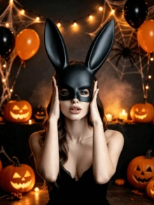 Women's Rabbit Ear Mask, Black/White Optional, Halloween Costume Party Cosplay Half Face Party Accessory - A - View 2