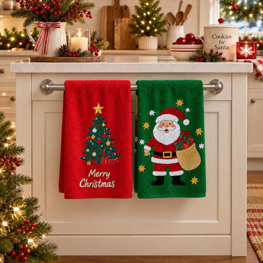 2pcs Santa Claus & Christmas Tree Print Kitchen Towels, Merry Christmas Pattern Hand Towels, Classic Red & Green Christmas Style Dish Cloths Tea Towels, Suitable For Kitchen Cooking, Baking, Cleaning Wiping & Christmas Home Decor - Multicolor - View 1