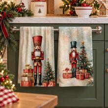 2pcs Nutcracker Print Kitchen Towels, Christmas Tree Gift Box Snowflake Holiday Pattern Hand Towels, Vintage Country Winter Style Dish Cloth Tea Towel, Suitable For Kitchen Cooking, Baking, Cleaning Wiping And Christmas Home Decor, Christmas Winter Holiday Gift - Multicolor - View 1