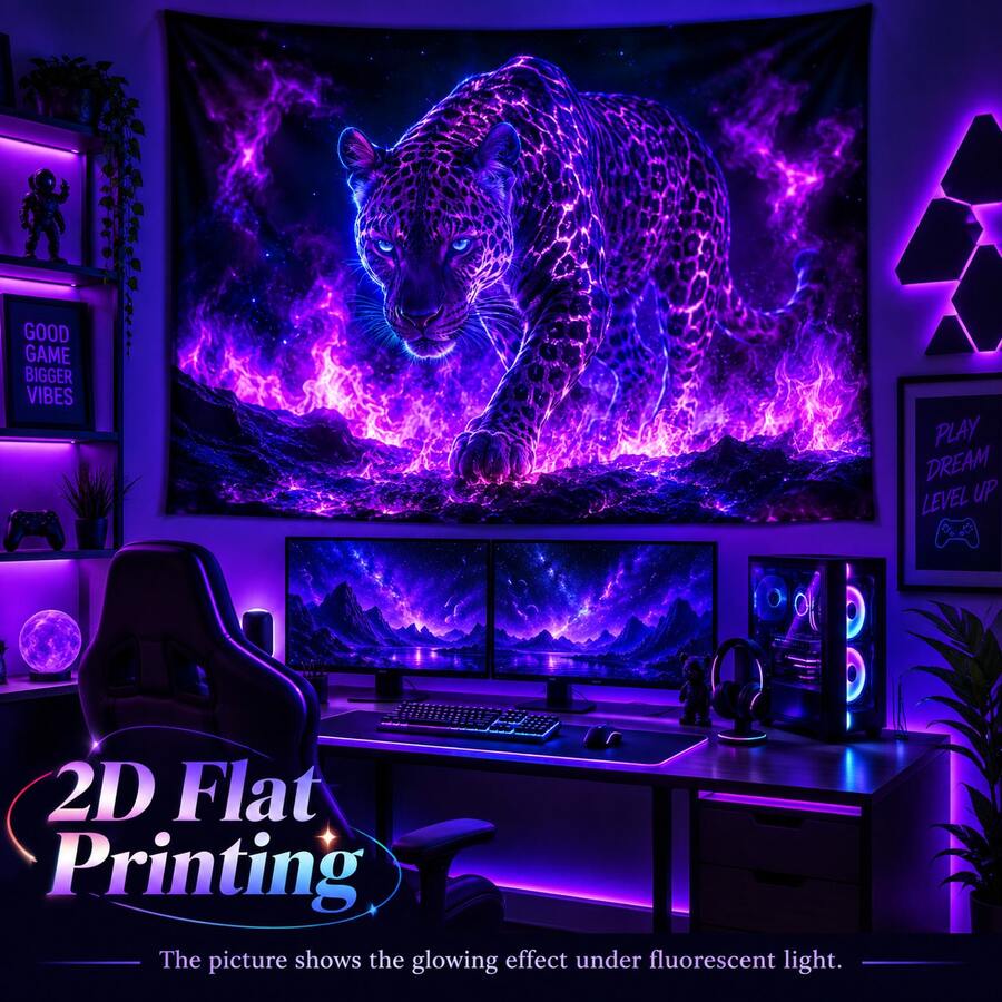 2D Flat Black Leopard Print Tapestry, Pattern Of Black Leopard Print, Flames, Starry Sky And Rocks, Glows Under Fluorescent Light, Suitable For Wall Decoration, Bedroom Background Decoration Or Party Decoration. - Multicolor - View 1