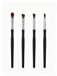 1/4Pcs Small Waist Handle Eye Makeup Brush Set, Soft Bristles Eyeshadow Blending Angled Brow Eyeliner Detail Brushes Professional Cosmetic Tools - Black - View 5