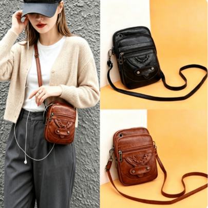 Bolsa de Ombro Pequena Multifuncional de Couro PU Macio para Mulheres Bolsa Transversal Vintage Bolsa para Dinheiro e Celular