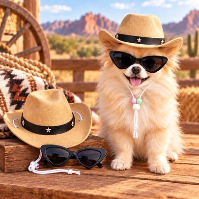 Conjunto de 2 peças de chapéu de cowboy para animais de estimação e óculos de gato preto à moda, acessórios de fantasia de cowboy ocidental, adequado para cães e gatos, chapéu ajustável para animais de estimação, perfeito para fotos, festas, Halloween e cosplay