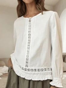 Plus Size Women's Solid Color Round Neck Lace Patchwork Hollow Design Long Sleeve Elegant Blouse Casual Top - White - View 6