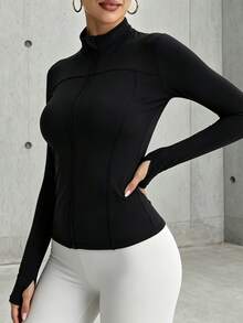 Women's Fashion Solid Color Zipper Mock Neck Long Sleeve Yoga Casual Sports Knit Jacket - Black - View 4