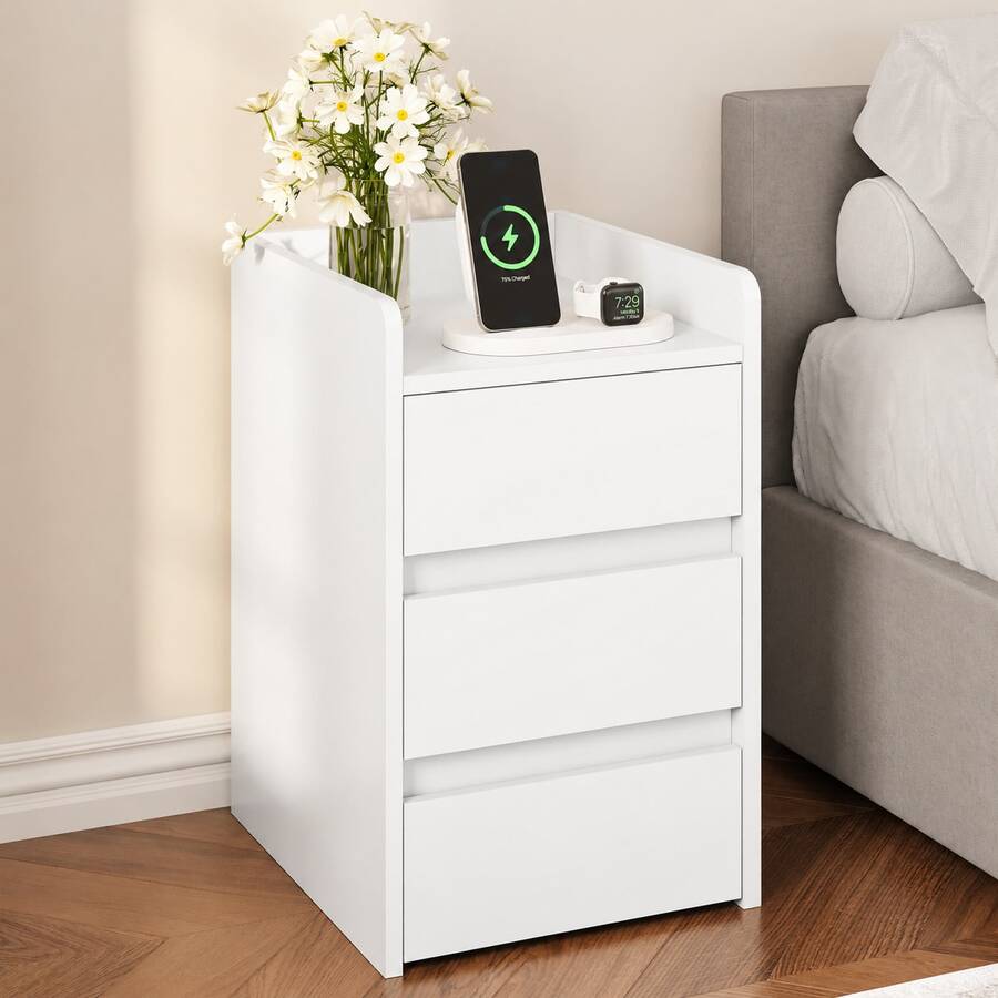 Yitahome Bedside Table With 3 Drawers, Nightstand End Table, Water-Resistant Storage Side Table, 35x40x59cm - White - View 1