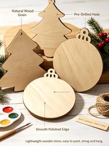1 Set (50pcs) Blank Christmas Wooden Ornaments Unfinished Wood Slices For DIY Painting, Xmas Tree Hanging Decor & Gift Tag Crafts - A - View 5